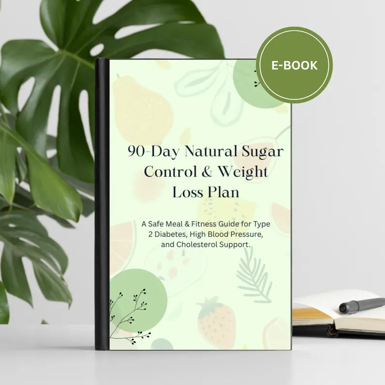 90-Day Natural Sugar Control & Weight Loss Plan e-book standing upright on a desk beside a notebook and pen, with green tropical leaves in the background.