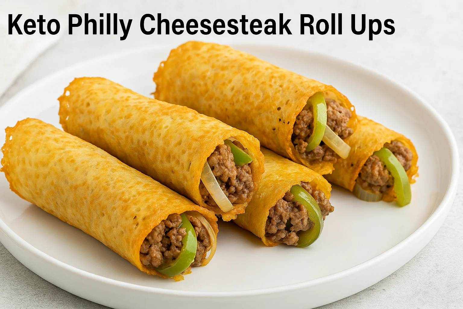 Delicious Keto Philly Cheesesteak Roll Ups made with melted cheese wraps filled with ground beef, peppers, onions, and cream cheese, served on a white plate.
