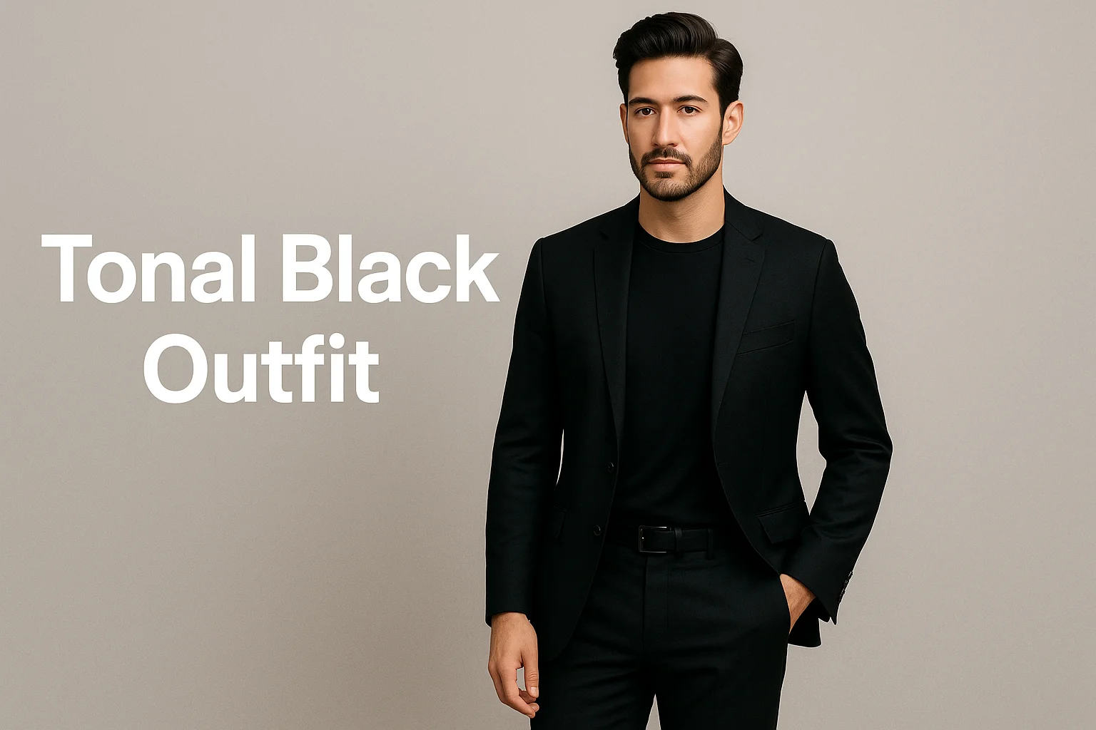A stylish man wearing a sleek all-black outfit including a fitted blazer, black T-shirt, and tailored trousers, standing confidently against a minimal light-gray background.