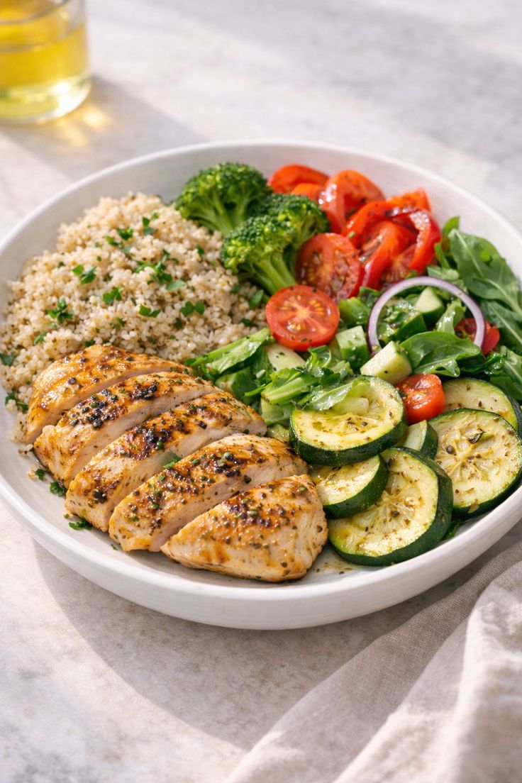 Grilled chicken quinoa bowl with fresh vegetables, broccoli, zucchini, tomatoes, and leafy greens served as a healthy meal prep dish