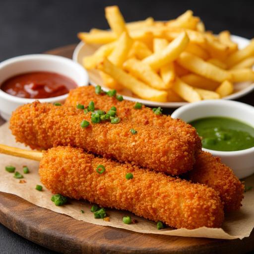 Crispy Korean mozzarella corn dogs served with golden fries, ketchup, and green dipping sauce, topped with fresh herbs on wooden board