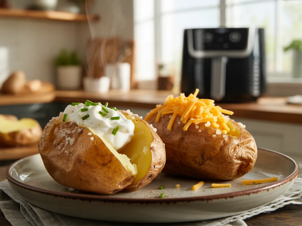Air fryer baked potatoes with crispy salted skin, fluffy interior, topped with sour cream, chives, and shredded cheddar cheese in a modern kitchen setting.