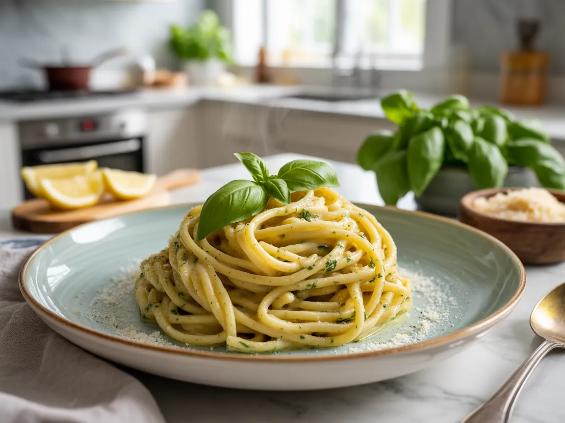 Basil pasta with lemon garlic butter sauce served in a ceramic bowl topped with fresh basil in bright modern kitchen