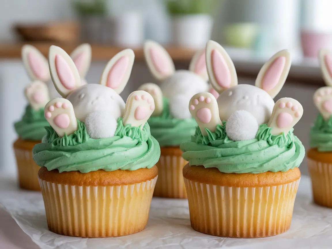 Bunny butt cupcakes decorated with green grass frosting, marshmallow bunny tails, and white chocolate feet with pink toe pads in a bright kitchen setting.