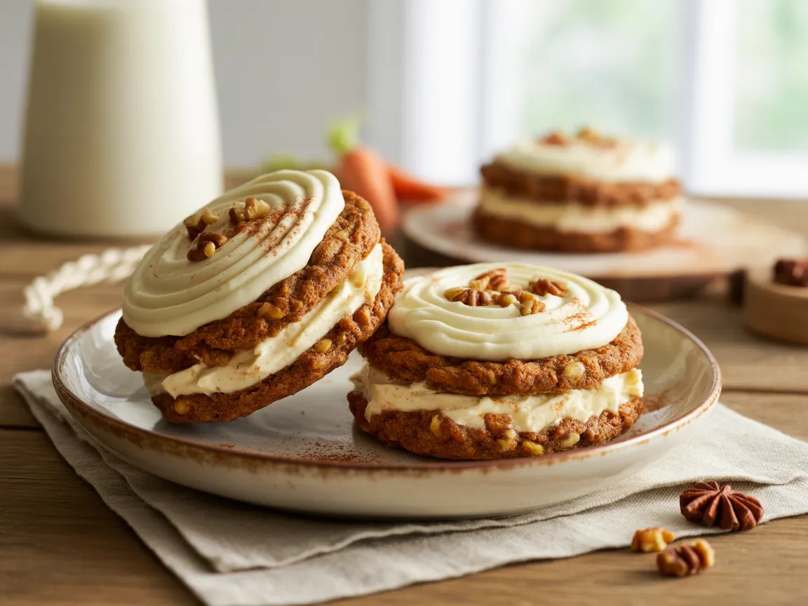 Carrot cake sandwich cookies filled with cheesecake cream and topped with piped cream cheese frosting and chopped pecans on a ceramic plate.