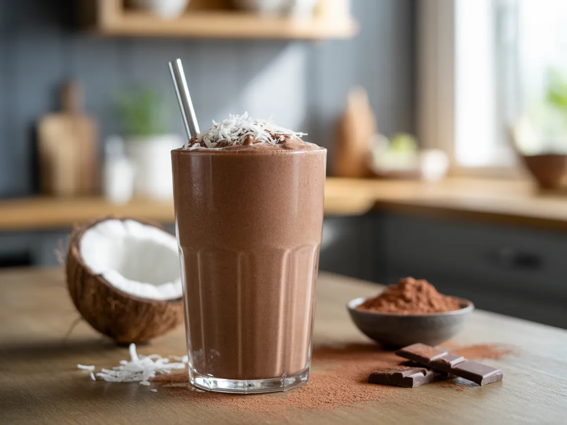 Low sugar chocolate coconut smoothie in a tall glass topped with shredded coconut and cocoa powder in a modern kitchen setting