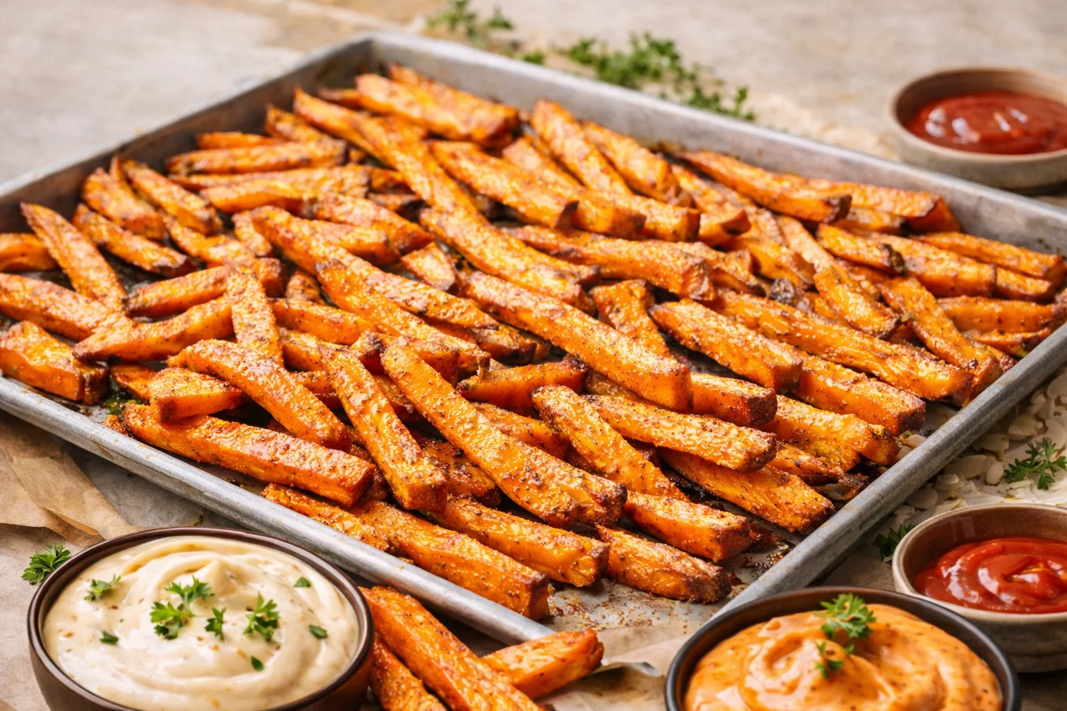 Crispy oven baked sweet potato fries on a baking sheet served with garlic aioli and chipotle sauce