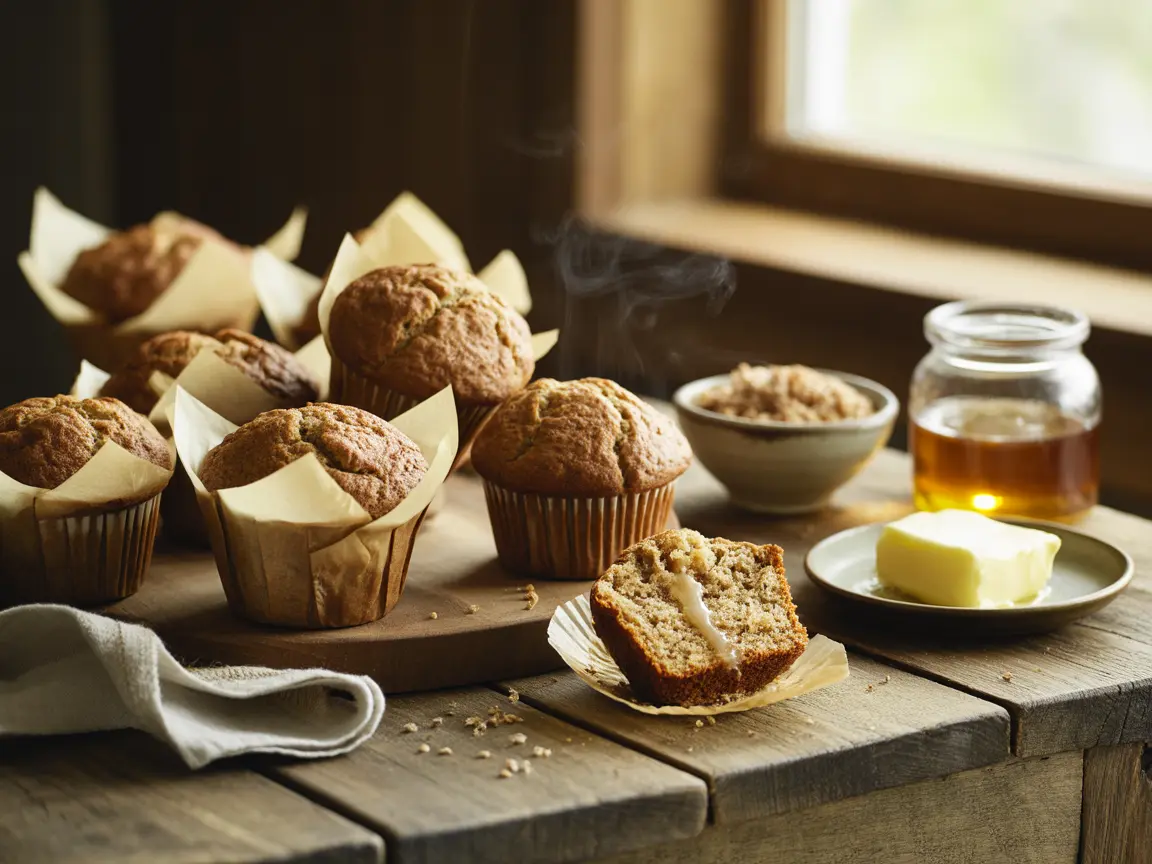 Healthy bran muffins recipe served warm with butter and honey on a rustic wooden breakfast table