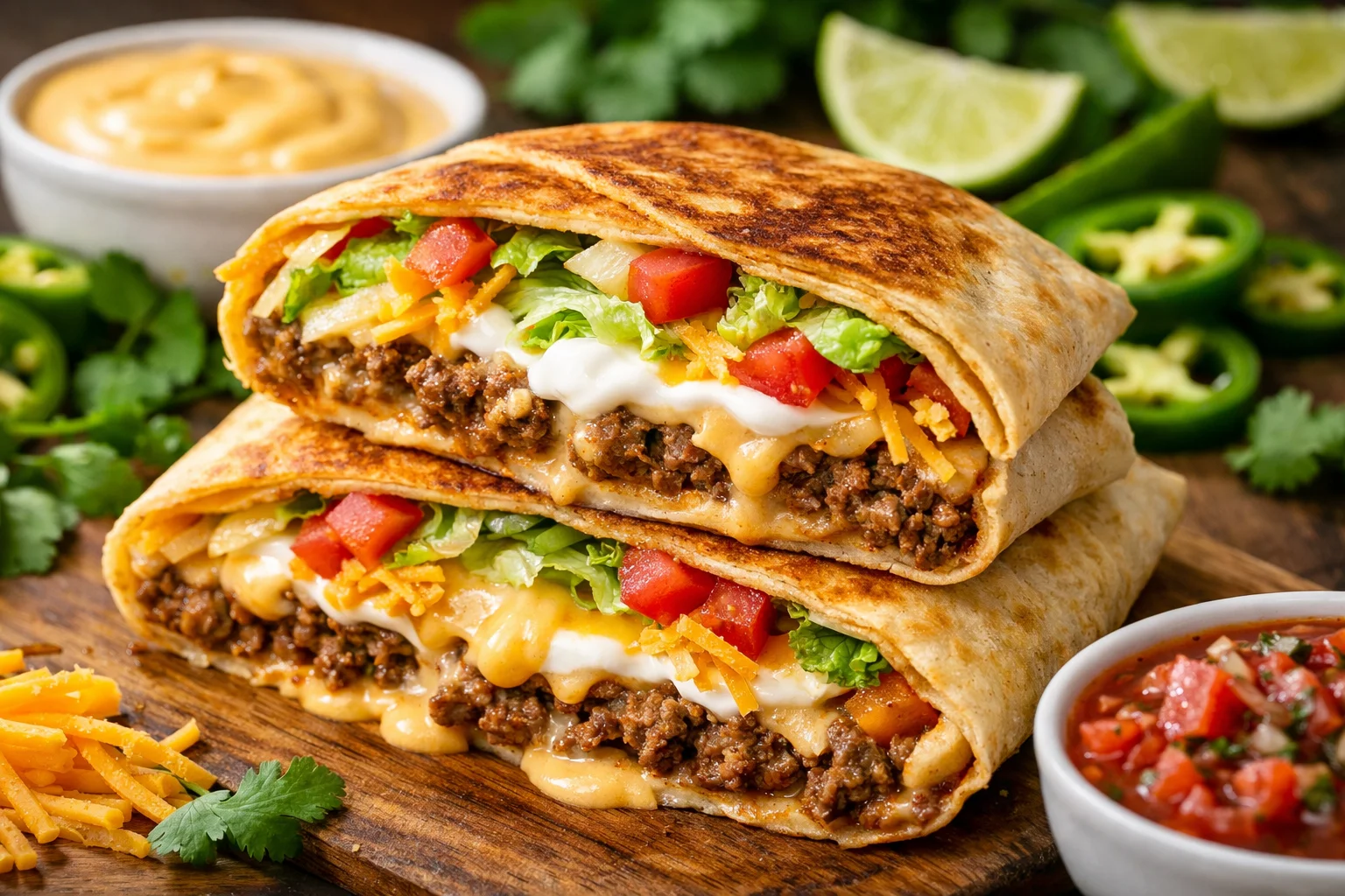 Keto Crunchwraps filled with seasoned beef, melted cheese, lettuce, tomatoes, and sour cream on a wooden board