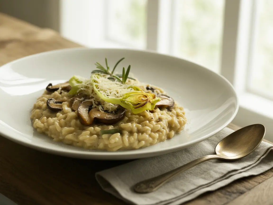 Creamy mushroom risotto topped with frizzled leeks and grated Parmesan cheese served in a white bowl on a rustic wooden table