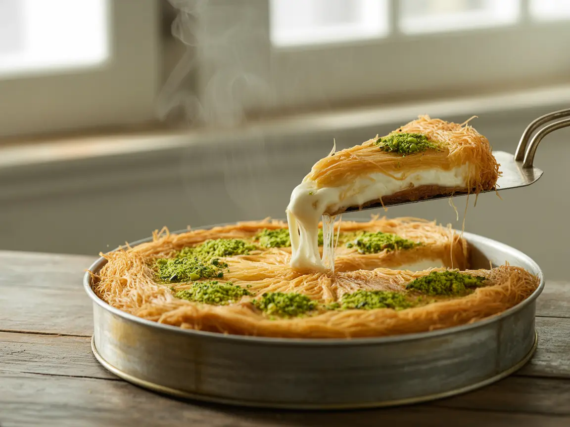 Freshly baked pistachio kunafa with crispy shredded pastry layers, melted cheese pull, and crushed pistachios in a round baking pan.