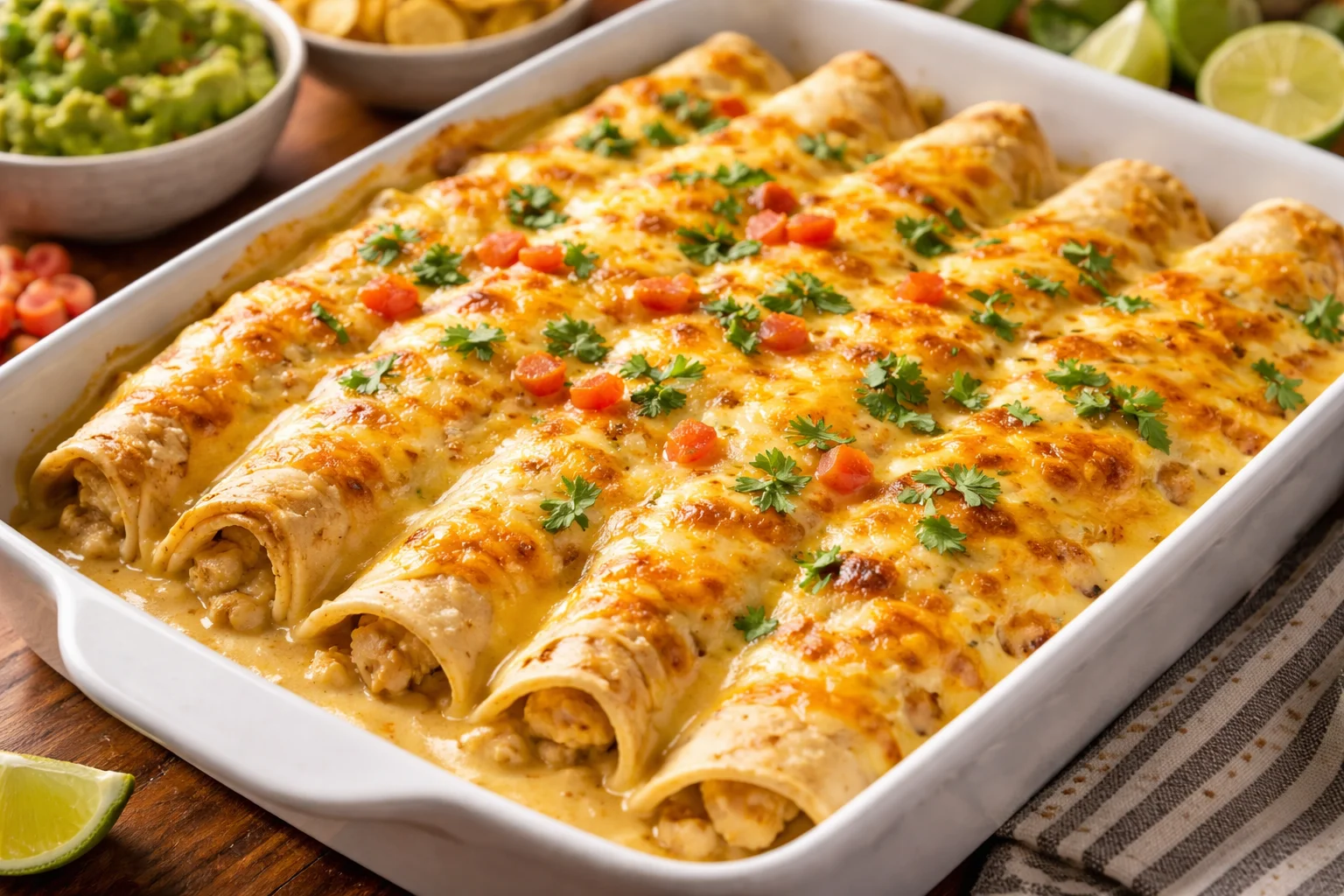 Creamy queso chicken enchiladas bake in white casserole dish with melted cheese and green chilies