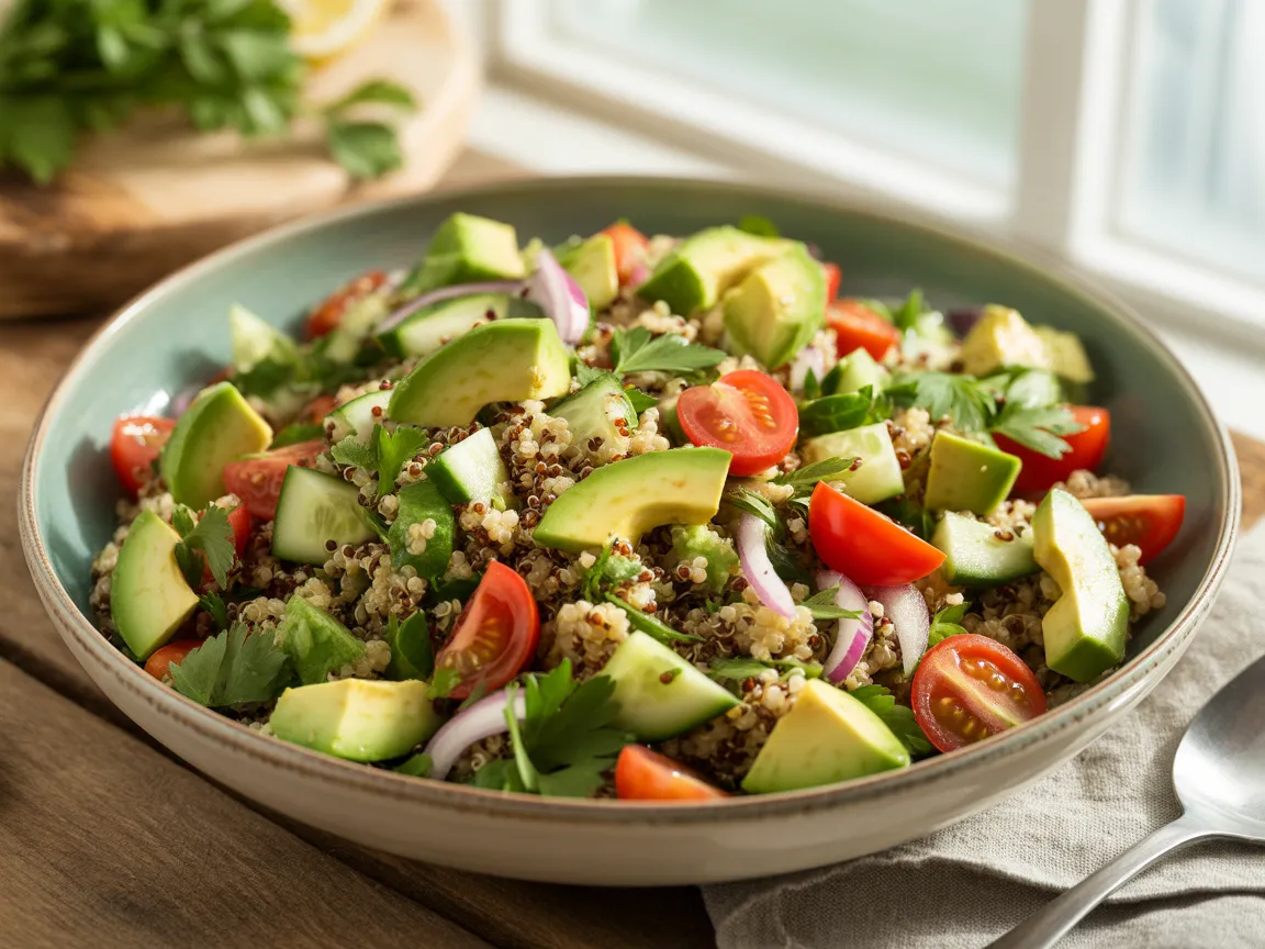 Quinoa avocado salad with cherry tomatoes, cucumber, red onion, and fresh parsley in a ceramic bowl, dressed with olive oil and lemon.