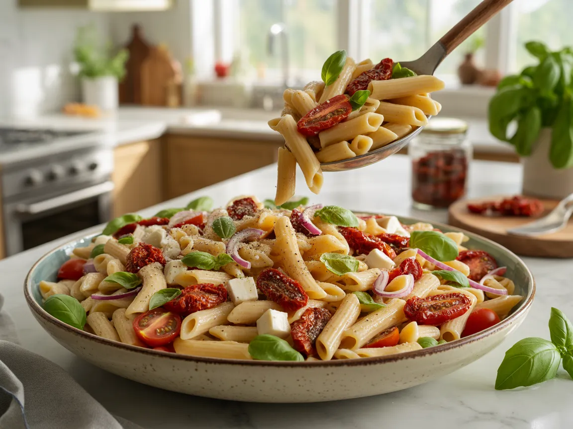 Sun dried tomato pasta salad with penne, fresh basil, mozzarella, and red onion served in a ceramic bowl in modern kitchen