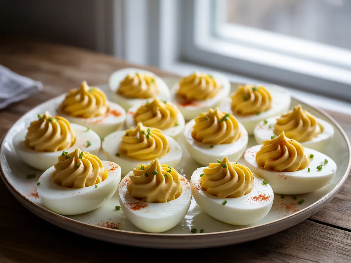 Classic deviled eggs with creamy yolk filling piped into halved egg whites and sprinkled with paprika and chopped chives on a serving platter.
