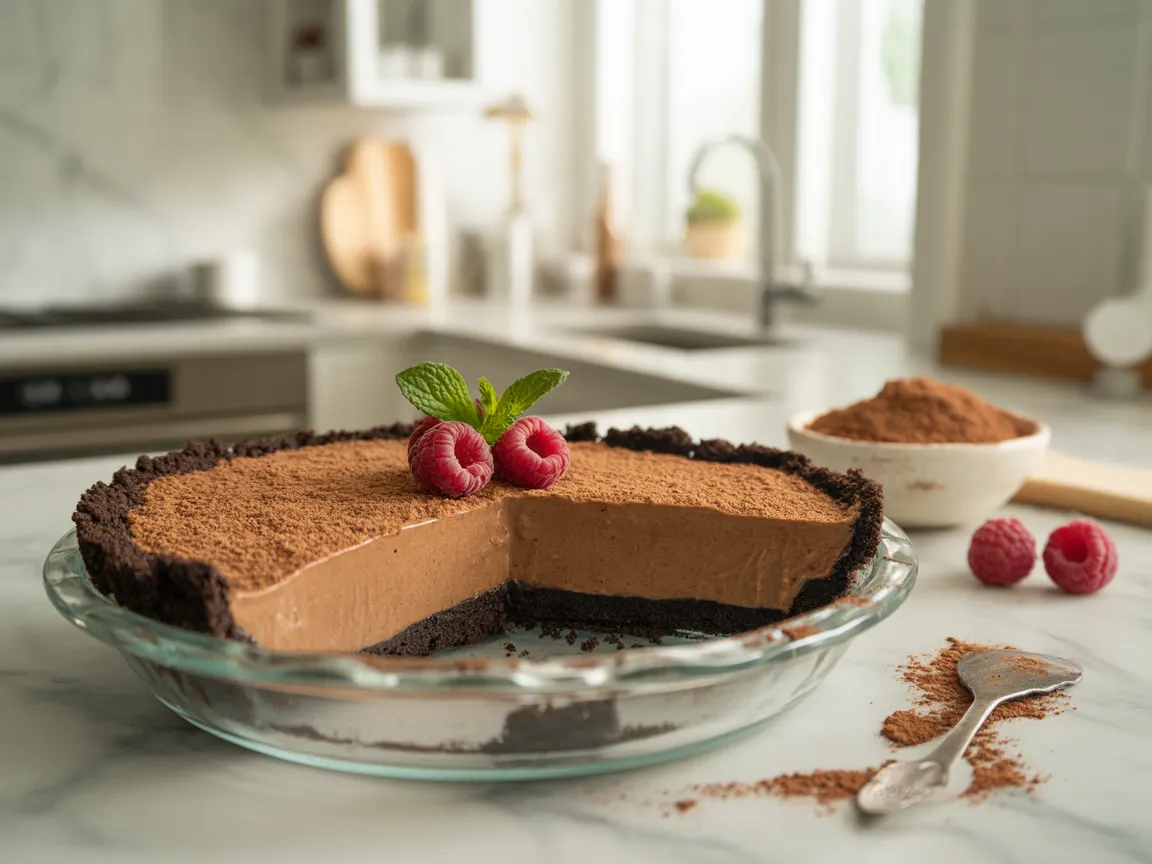 Vegan dirt pie gluten-free chocolate dessert with cookie crust and creamy coconut chocolate filling topped with raspberries in glass pie dish