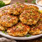 golden brown chicken fritters served on a plate with chives and creamy dipping sauce