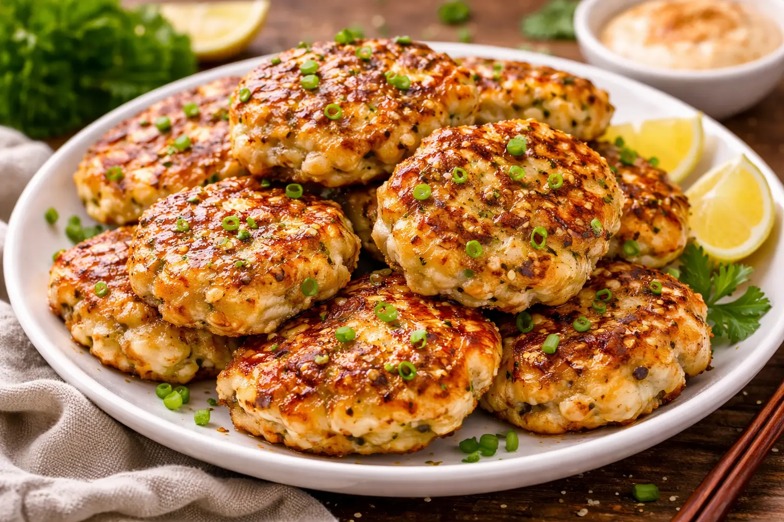 golden brown chicken fritters served on a plate with chives and creamy dipping sauce
