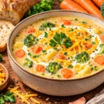Creamy vegetable soup with carrots potatoes broccoli and cheddar cheese in a bowl