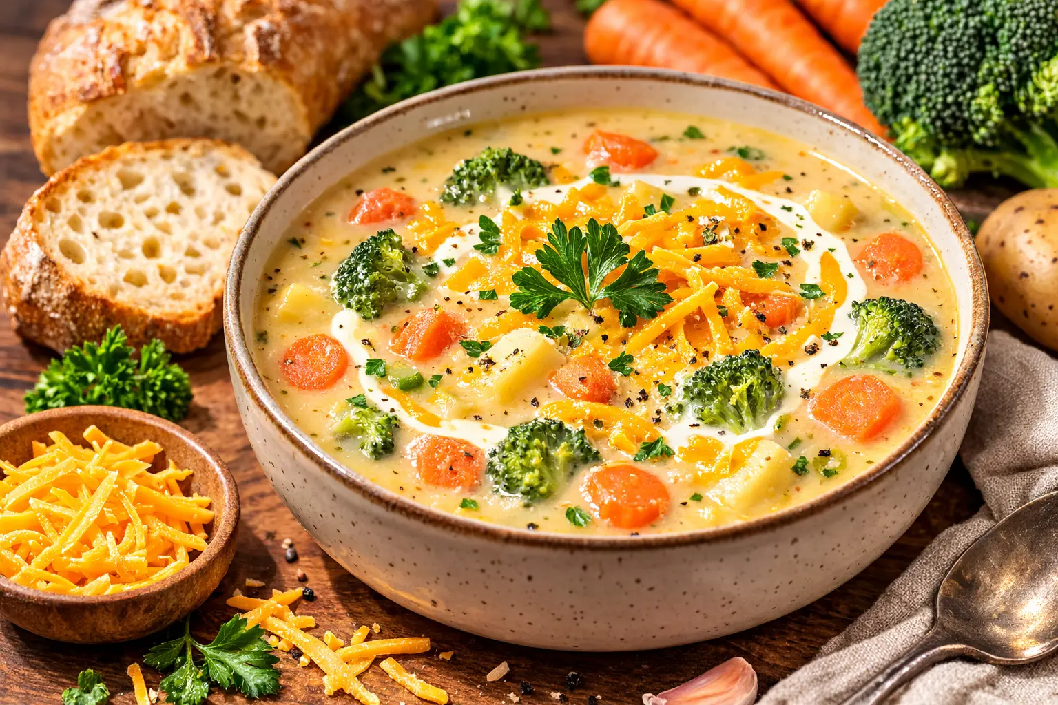 Creamy vegetable soup with carrots potatoes broccoli and cheddar cheese in a bowl
