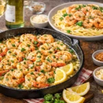 Red Lobster shrimp scampi recipe with garlic butter lemon sauce served in skillet with pasta and fresh parsley