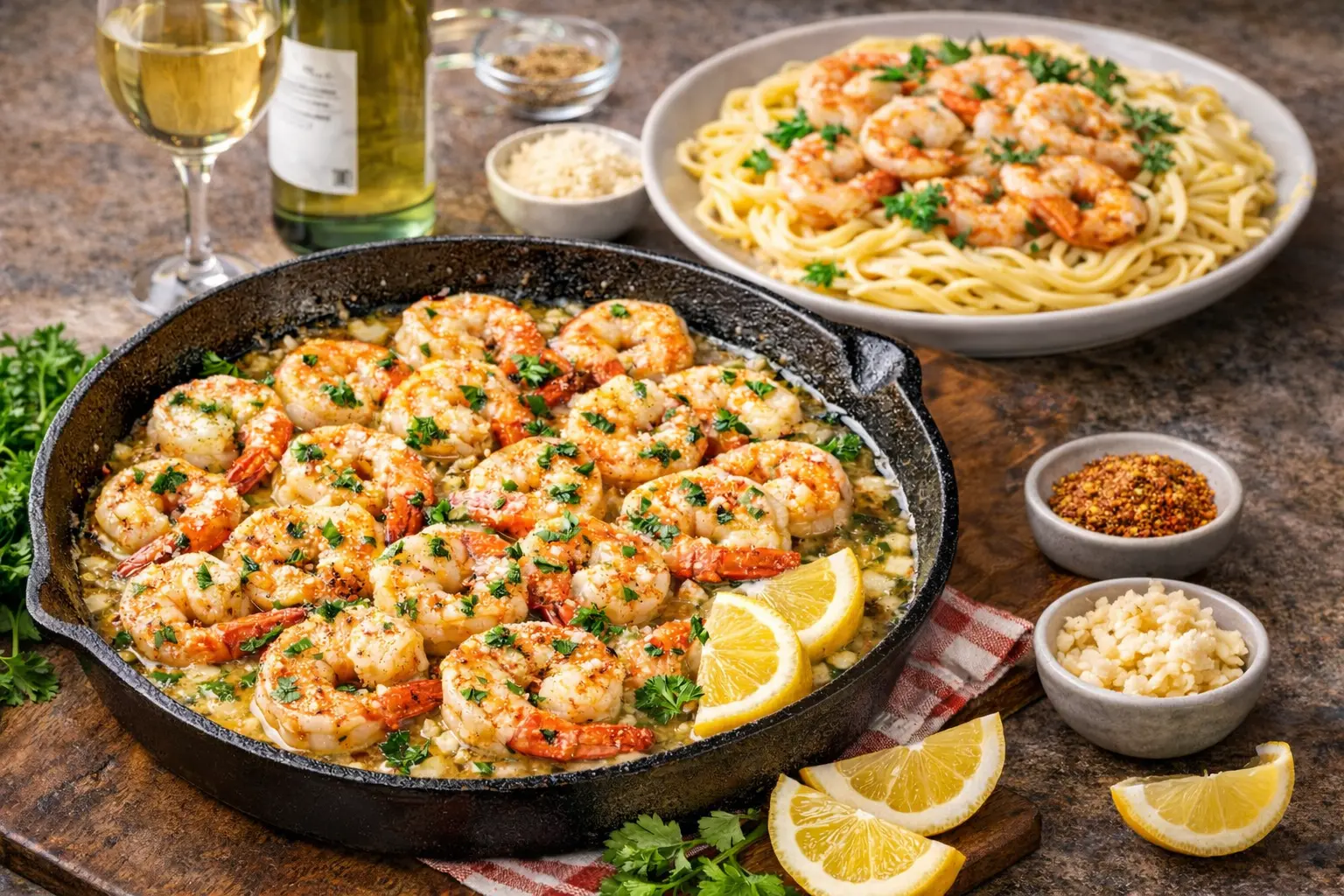 Red Lobster shrimp scampi recipe with garlic butter lemon sauce served in skillet with pasta and fresh parsley