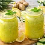 Fresh pineapple cucumber juice with lemon and ginger served in mason jars