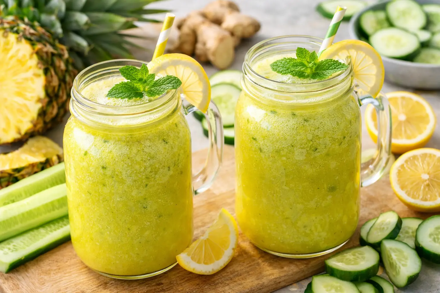 Fresh pineapple cucumber juice with lemon and ginger served in mason jars