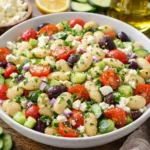 Easy Greek bean salad with butter beans cherry tomatoes cucumber olives and feta cheese