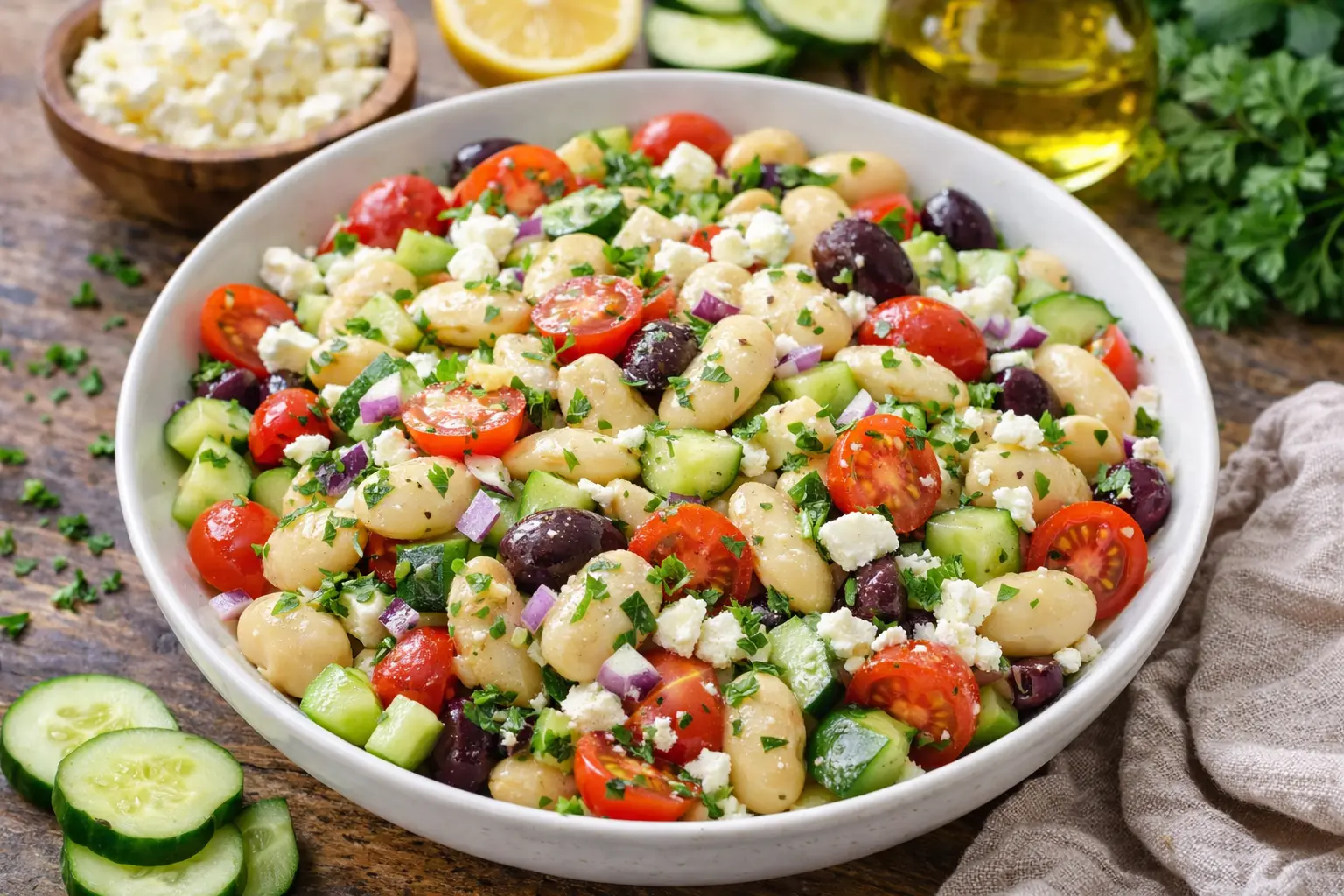 Easy Greek bean salad with butter beans cherry tomatoes cucumber olives and feta cheese