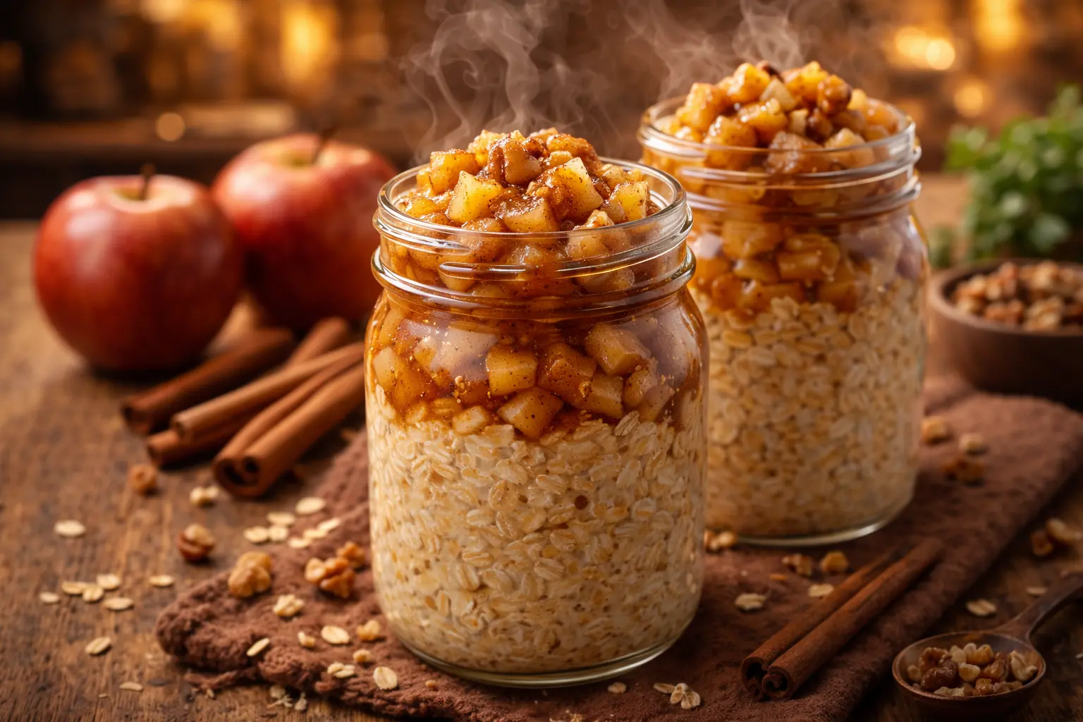 Apple Pie Overnight Oats in mason jars topped with warm cinnamon apple mixture and chopped walnuts