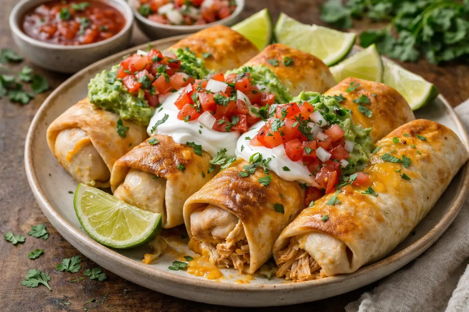 Baked chicken chimichangas filled with shredded chicken and melted cheddar and Monterey Jack cheese served with salsa and fresh toppings.