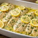 Baked tilapia fillets with lemon slices garlic butter sauce and fresh parsley in a baking dish
