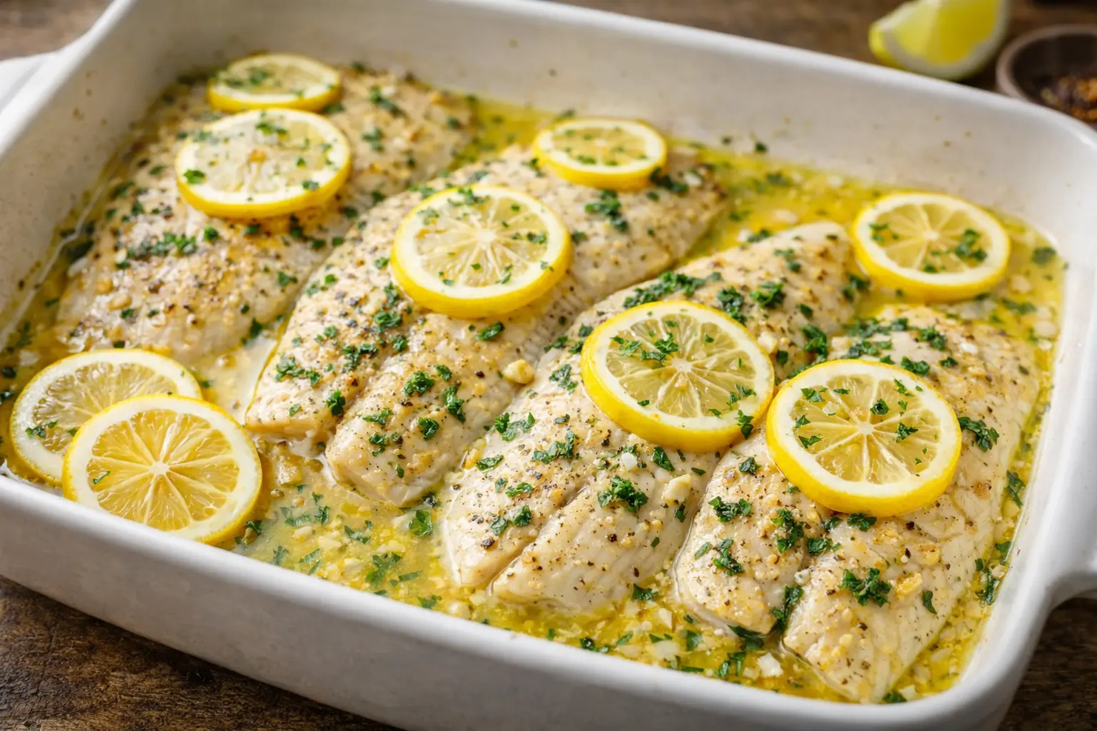 Baked tilapia fillets with lemon slices garlic butter sauce and fresh parsley in a baking dish