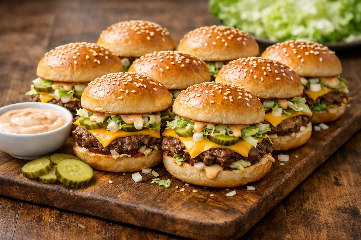 Homemade Big Mac sliders with sesame seed buns cheddar cheese pickles lettuce and special sauce