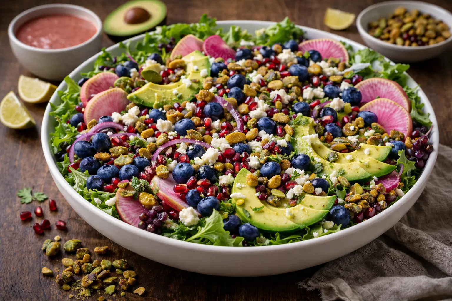 blueberry pistachio spring salad with avocado feta and pomegranate in a bowl