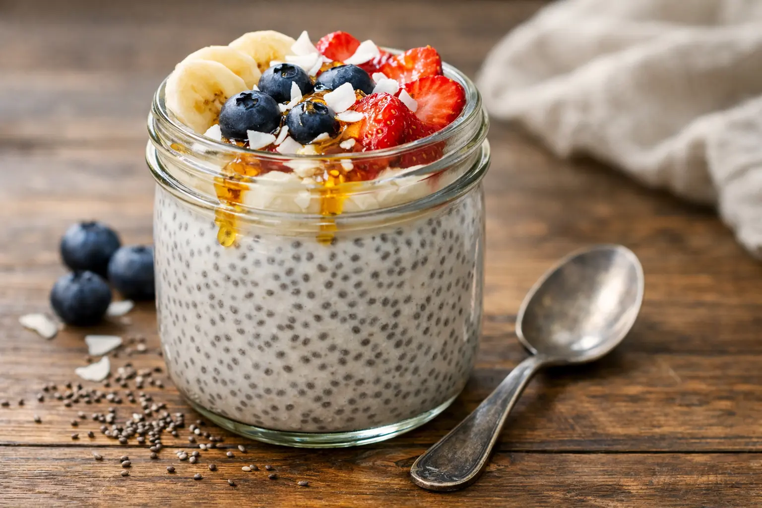 easy chia seed pudding recipe served in a mason jar with strawberries blueberries banana slices and coconut flakes