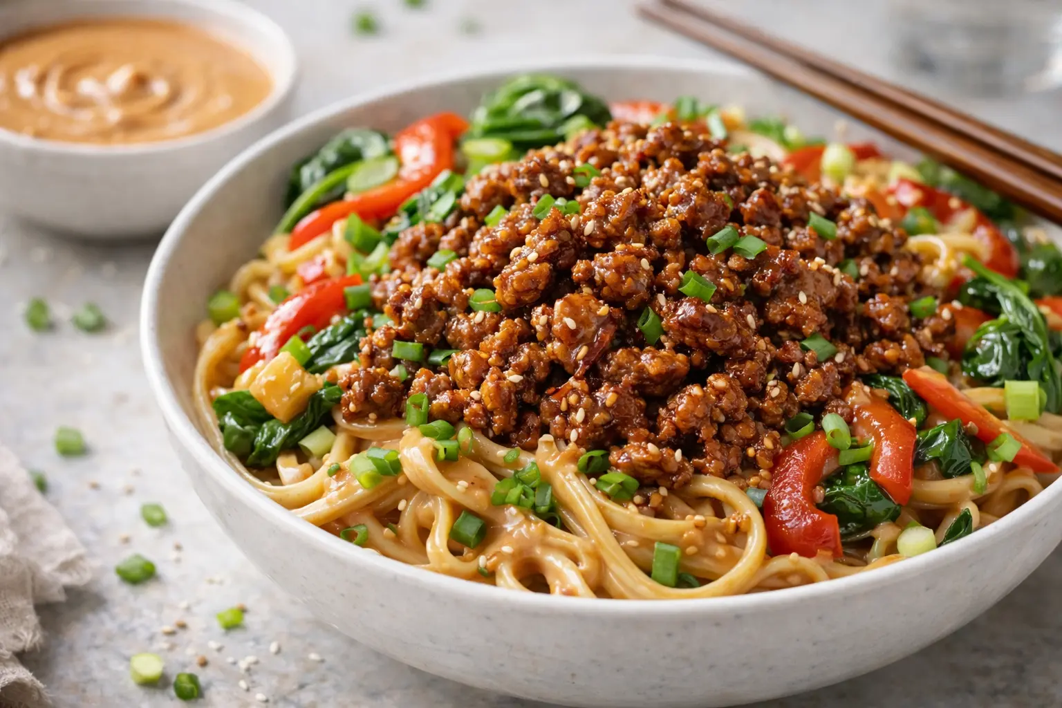 Caramelized ground beef served over creamy peanut noodles with bell peppers, spinach, and green onions