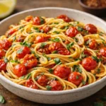 Cherry tomato pasta with roasted cherry tomatoes garlic olive oil and fresh herbs in a bowl