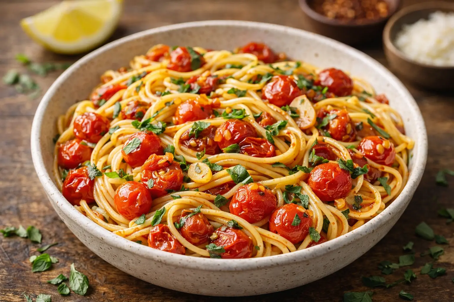 Cherry tomato pasta with roasted cherry tomatoes garlic olive oil and fresh herbs in a bowl