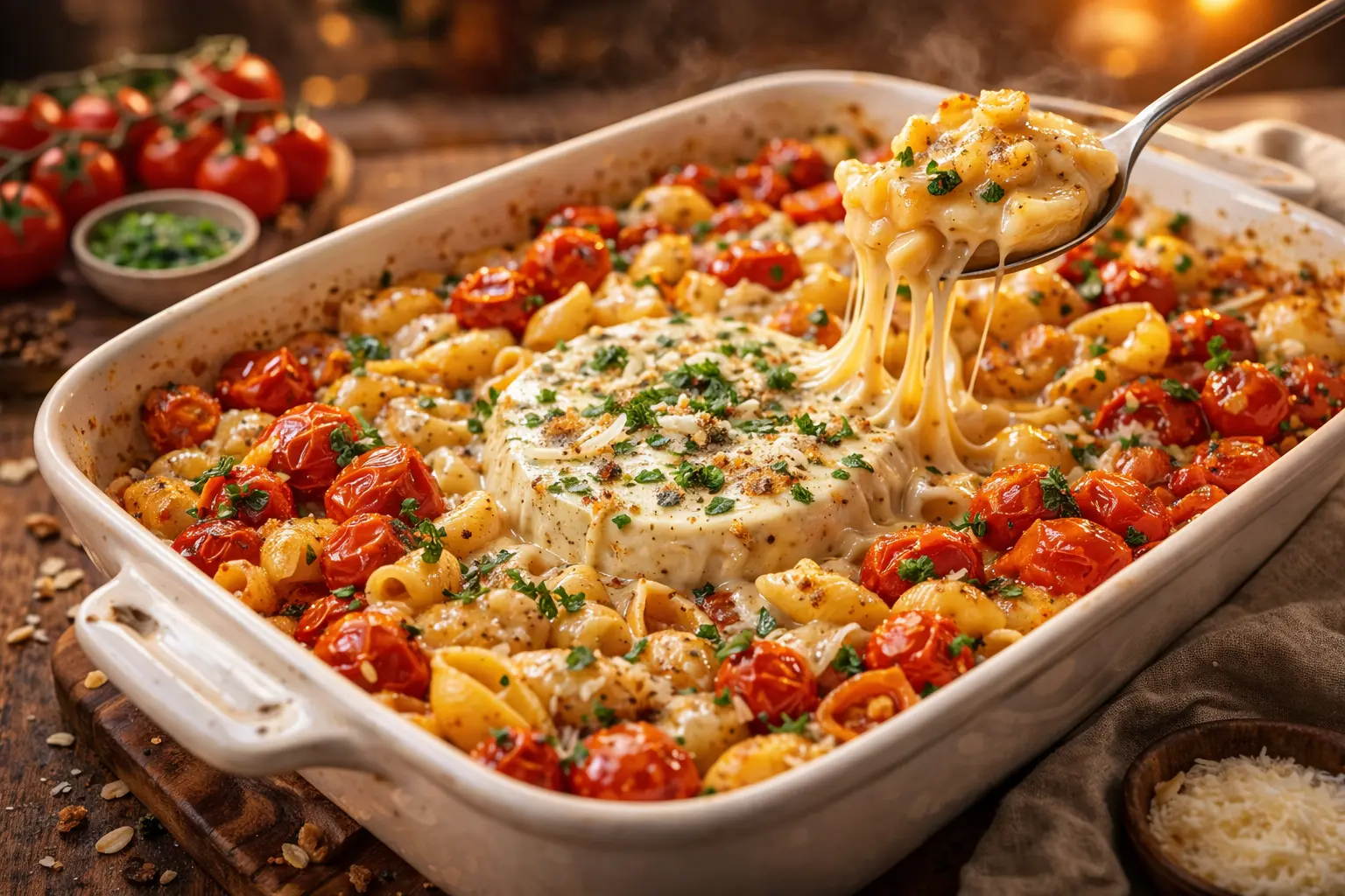 Creamy Boursin cheese baked TikTok pasta with roasted cherry tomatoes and melted herb cheese in baking dish
