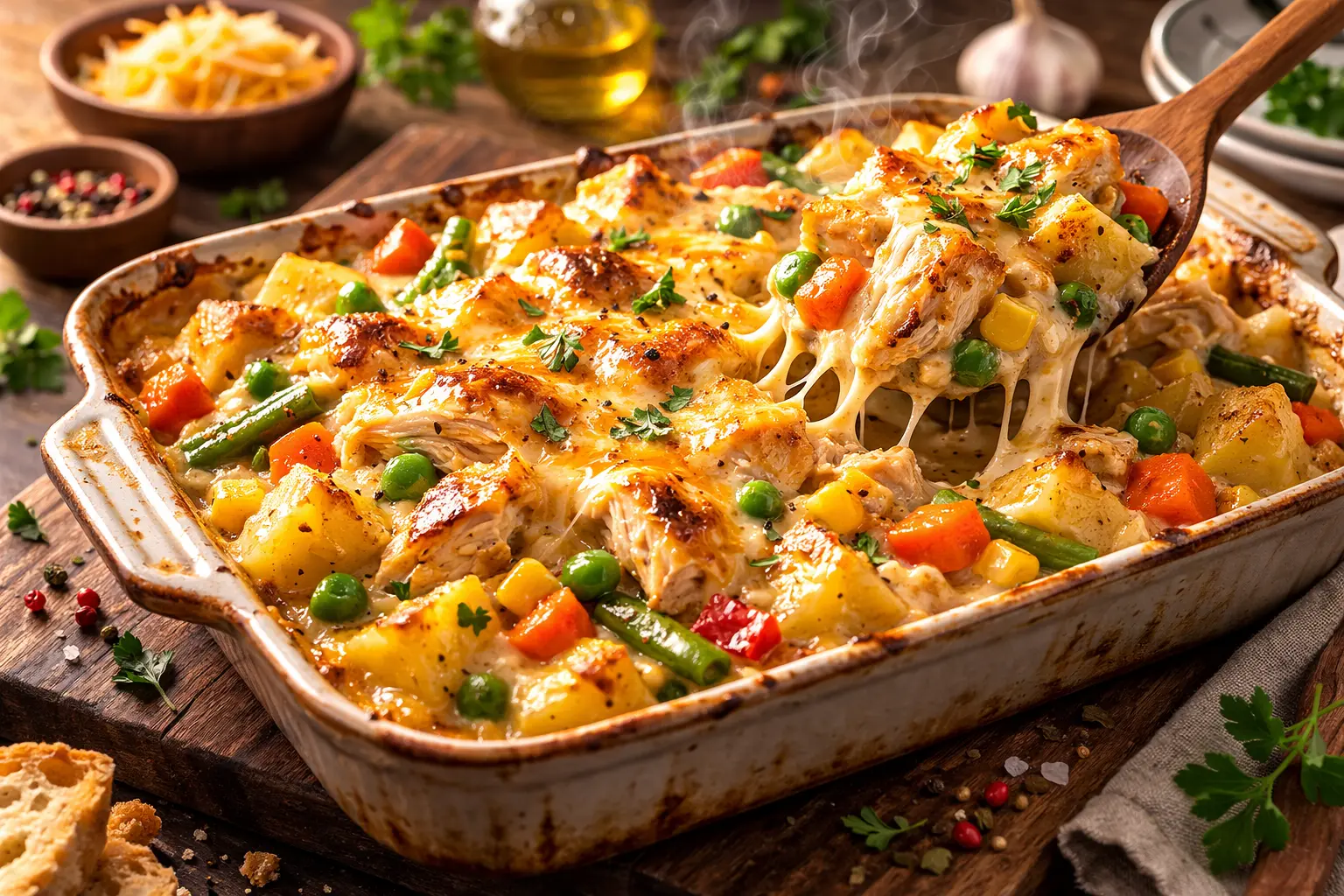 Creamy chicken and potato casserole baked with mixed vegetables and melted golden cheese in a rustic baking dish