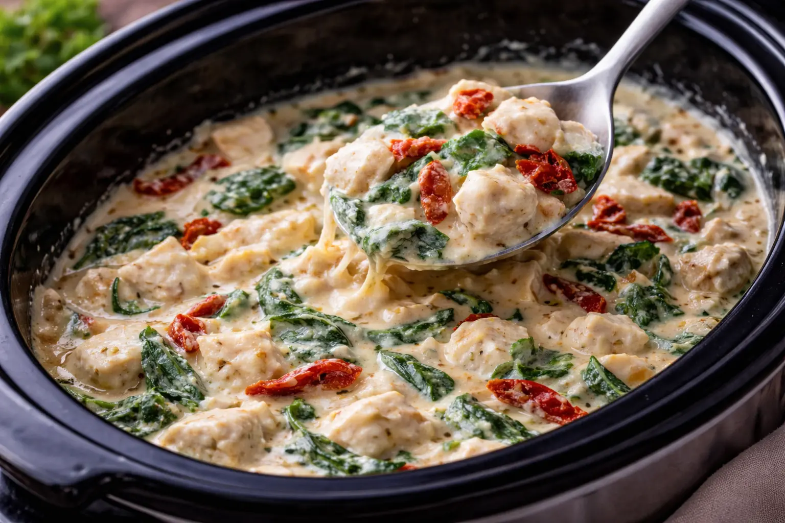 Creamy crock pot chicken Alfredo with tender chicken pieces, spinach and sun-dried tomatoes in rich garlic Alfredo sauce.