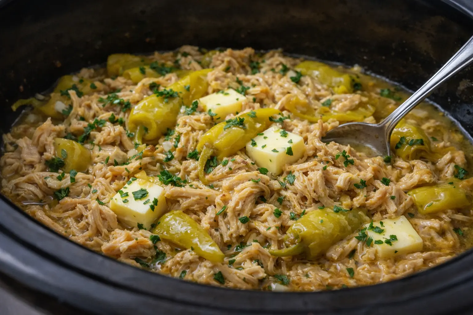 Crock Pot Mississippi chicken made with shredded chicken pepperoncini peppers butter and rich ranch gravy