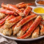 buttery cooked crab legs served on a plate with lemon wedges and melted butter dipping sauce