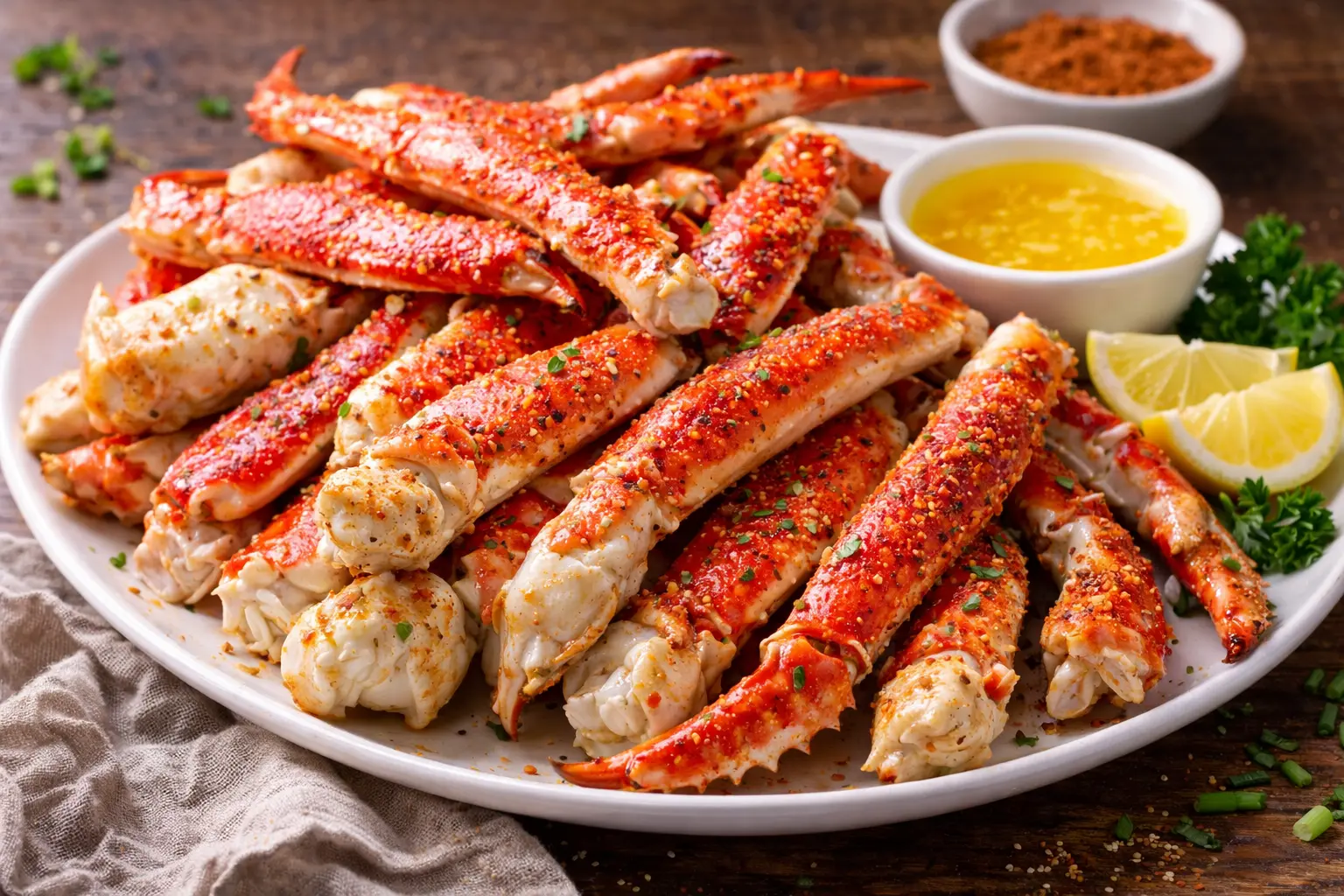 buttery cooked crab legs served on a plate with lemon wedges and melted butter dipping sauce