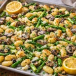 Sheet pan asparagus mushroom gnocchi with roasted lemon garlic and parmesan