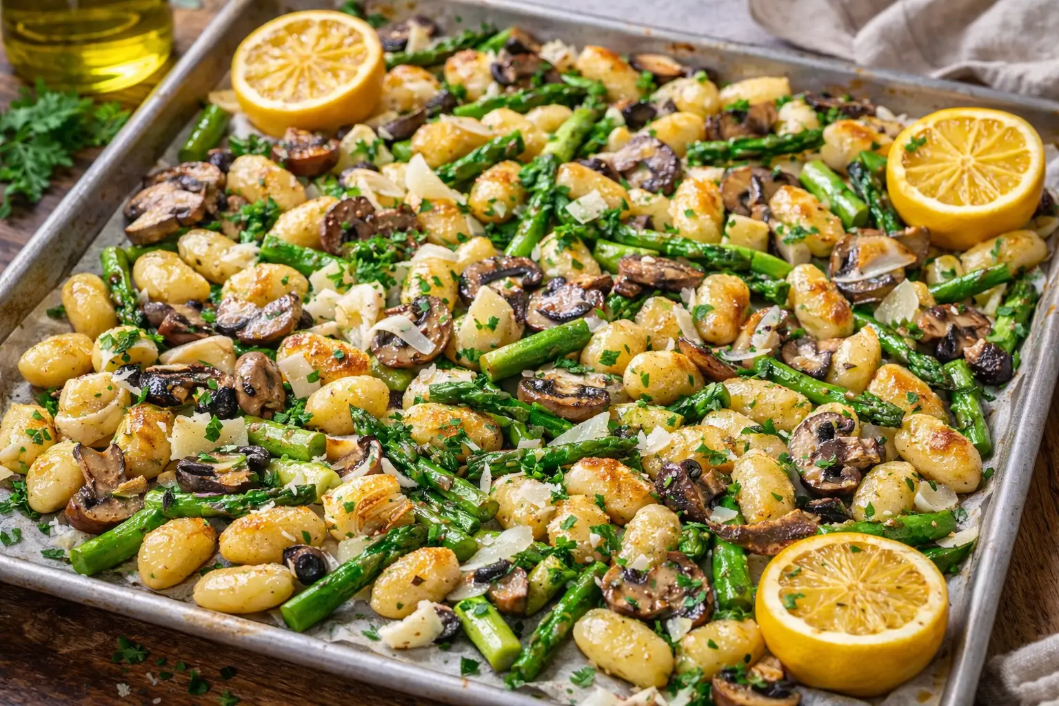 Sheet pan asparagus mushroom gnocchi with roasted lemon garlic and parmesan