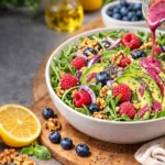 Superfood salad with blueberries raspberries avocado walnuts and blueberry lemon vinaigrette dressing
