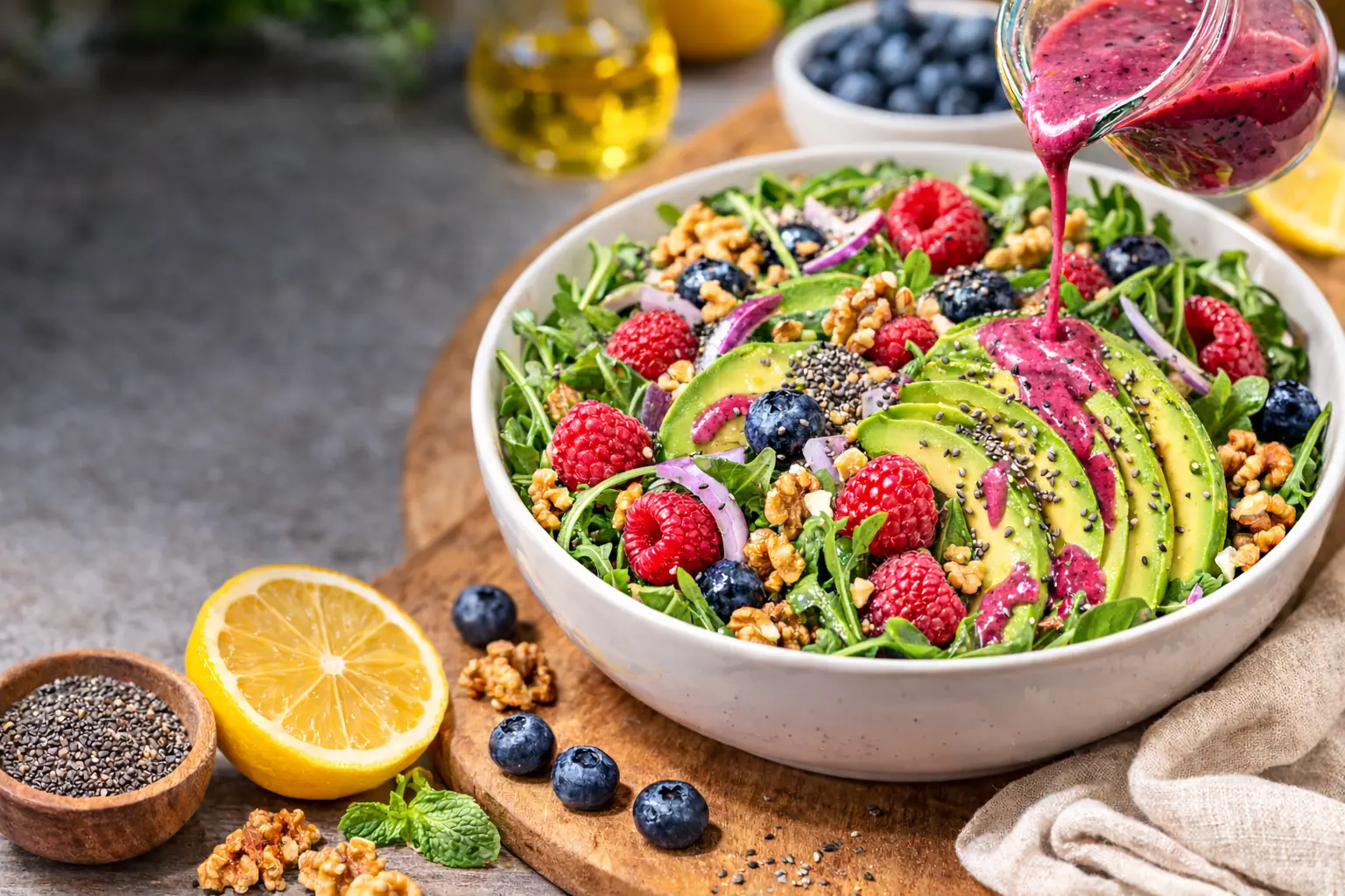 Superfood salad with blueberries raspberries avocado walnuts and blueberry lemon vinaigrette dressing